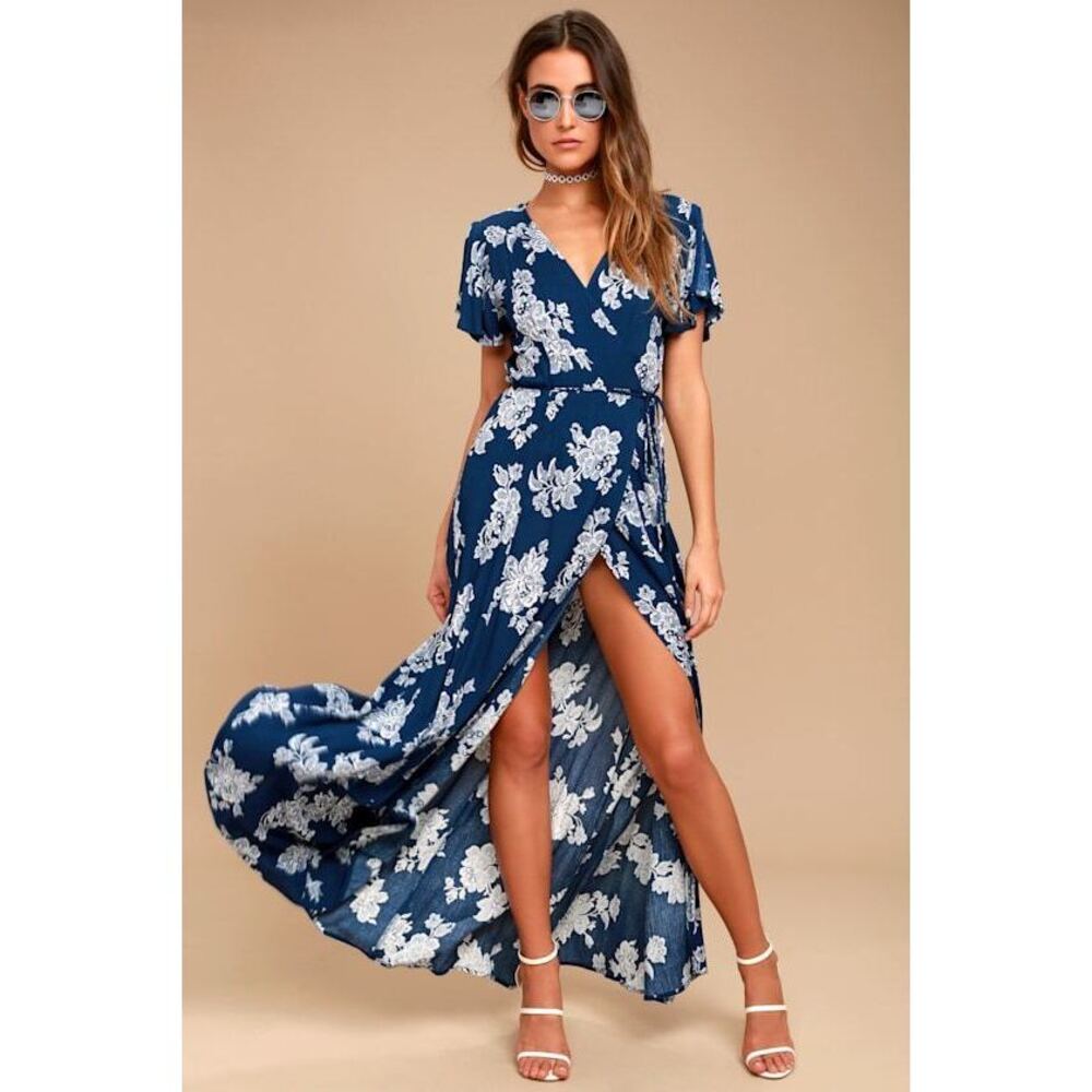Lulus Heart Of Marigold Navy Blue Floral Print Wrap Maxi Dress - Size XS